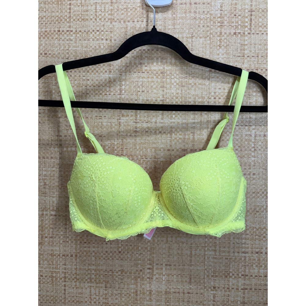 Victoria's Secret PINK Date Push-Up Bra Women 36C Neon Yellow Floral Lace Pink